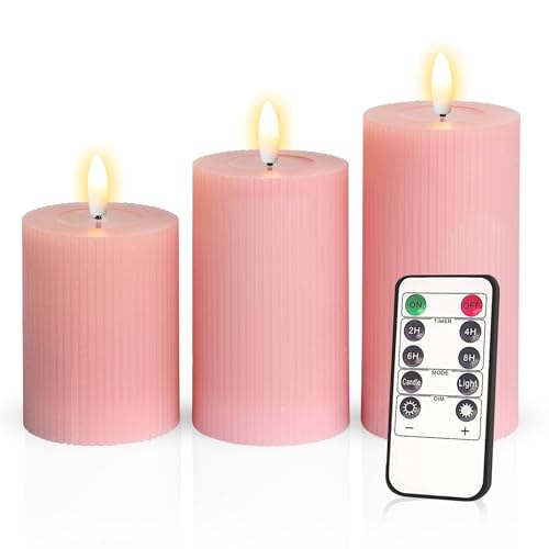 Meisterhome® 3er-Set Flammenlose LED Kerzen - Hellrosa - Ribble Design Stumpenkerze - mit Fernbedienung – mit Timer - Batteriebetrieben – Warmweiß - 10/12,5/15 cm hoch - mit flackernder Flamme von Meisterhome