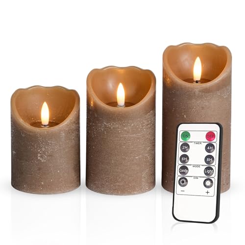 Meisterhome® 3er-Set Flammenlose LED Kerzen - Kojotenbraun - Rustik Design Stumpenkerze - mit Fernbedienung – mit Timer - Batteriebetrieben – Warmweiß - 10/12,5/15 cm hoch - mit flackernder Flamme von Meisterhome