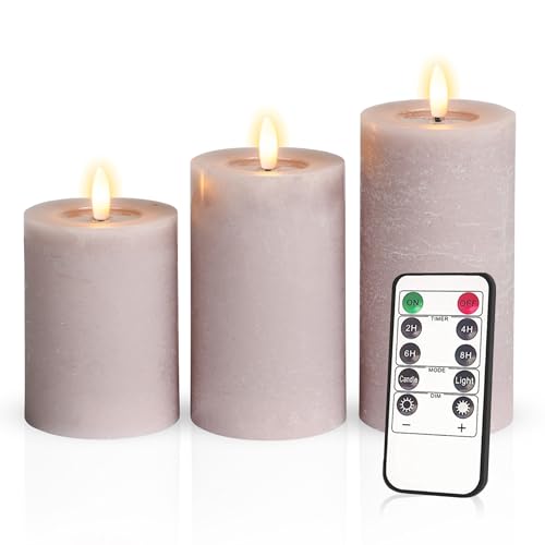 Meisterhome® 3er-Set Flammenlose LED Kerzen - Matera-Beige - Rustik Design Stumpenkerze - mit Fernbedienung – mit Timer - Batteriebetrieben – Warmweiß - 10/12,5/15 cm hoch - mit flackernder Flamme von Meisterhome