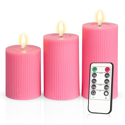 Meisterhome® 3er-Set Flammenlose LED Kerzen - Pink - Ribble Design Stumpenkerze - mit Fernbedienung – mit Timer - Batteriebetrieben – Warmweiß - 10/12,5/15 cm hoch - mit flackernder Flamme von Meisterhome