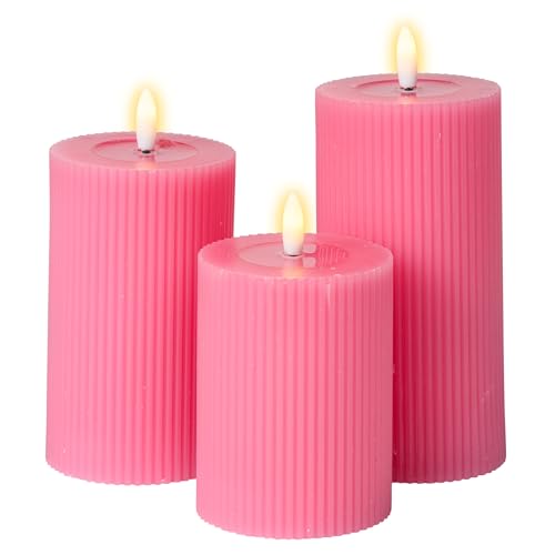 Meisterhome® 3er-Set Flammenlose LED Kerzen - Pink - Ribble Design Stumpenkerze - mit Fernbedienung – mit Timer - Batteriebetrieben – Warmweiß - 10/12,5/15 cm hoch - mit flackernder Flamme von Meisterhome