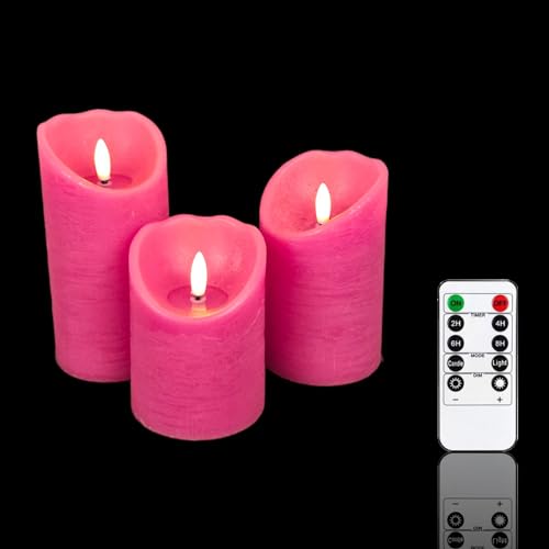 Meisterhome® 3er-Set Flammenlose LED Kerzen - Pink - Rustik Design Stumpenkerze - mit Fernbedienung – mit Timer - Batteriebetrieben – Warmweiß - 10/12,5/15 cm hoch - mit flackernder Flamme von Meisterhome