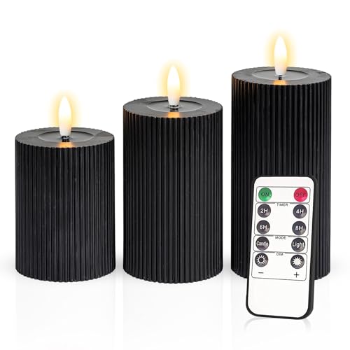 Meisterhome® 3er-Set Flammenlose LED Kerzen - Schwarz - Ribble Design Stumpenkerze - mit Fernbedienung – mit Timer - Batteriebetrieben – Warmweiß - 10/12,5/15 cm hoch - mit flackernder Flamme von Meisterhome