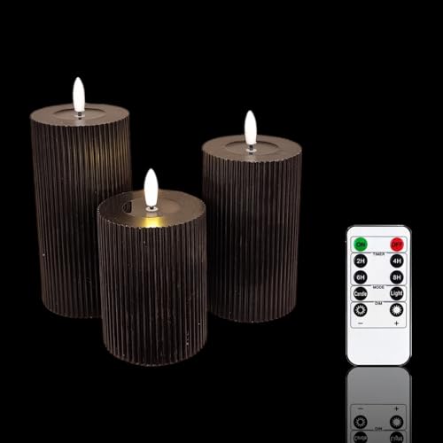 Meisterhome® 3er-Set Flammenlose LED Kerzen - Schwarz - Ribble Design Stumpenkerze - mit Fernbedienung – mit Timer - Batteriebetrieben – Warmweiß - 10/12,5/15 cm hoch - mit flackernder Flamme von Meisterhome