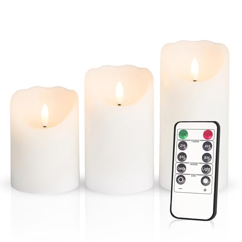 Meisterhome® 3er-Set Flammenlose LED Kerzen - Weiß - Rustik Design Stumpenkerze - mit Fernbedienung – mit Timer - Batteriebetrieben – Warmweiß - 10/12,5/15 cm hoch - mit flackernder Flamme von Meisterhome