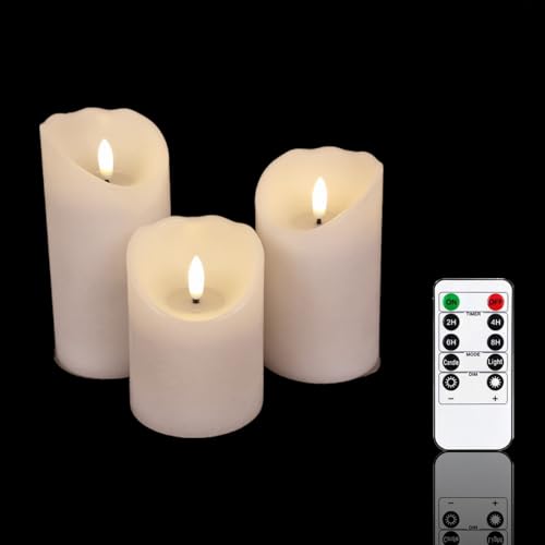 Meisterhome® 3er-Set Flammenlose LED Kerzen - Weiß - Rustik Design Stumpenkerze - mit Fernbedienung – mit Timer - Batteriebetrieben – Warmweiß - 10/12,5/15 cm hoch - mit flackernder Flamme von Meisterhome