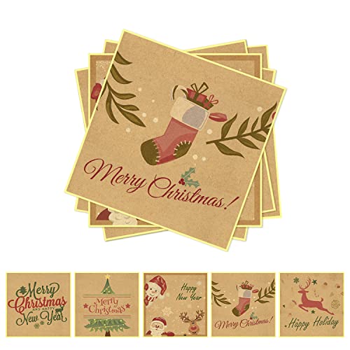 Christmas Kraft Stickers Frohe Weihnachten Geschenkaufkleber Tags Xmas Etiketten 10 * 10 cm Selbstklebend Happy New Year Holiday Kraftpapier abnehmbar für Geschenke 50 PCS von Meitaat