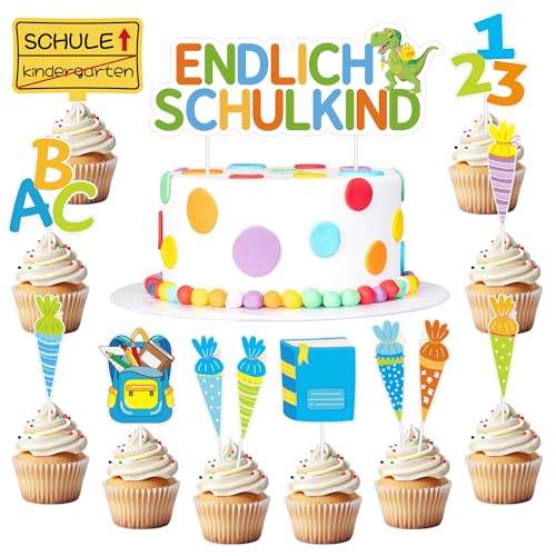 13 Stück Tortendeko Einschulung,Cake Topper Einschulung Junge,Kuchendeko Schulanfang,Kuchen Deko Einschulung für Schulkind Geschenk und Einschulung Party Torten Deko（Dinosaurier） von Meleager