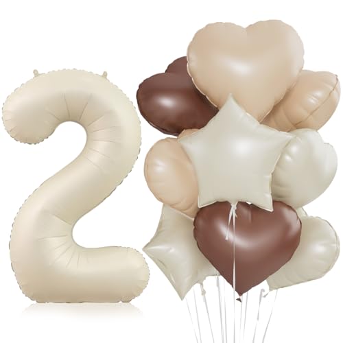 Beige Luftballon 2.Geburtstag,Cremeweiß 2. Geburtstag Ballon Deko,XXL 40 Zoll luftballon 2.，Beige Aprikose Braun Herz Stern Folienballons，für 2 Jahre Geburtstagsdeko Jubiläum Party Dekoration von Meleager