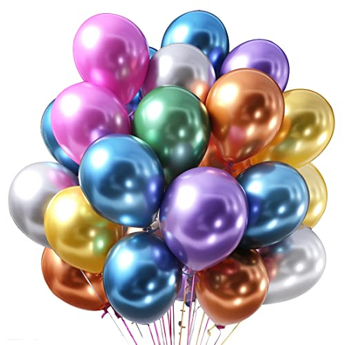 50 Stück Metallic Ballons, 12 Zoll Luftballons Bunt, 6 Metallicfarben Latex Ballons, Luftballons Metallic, Helium Ballons Bunt für Hochzeit, Geburtstag Deko, Baby Shower, Vintage Deko von Meleager