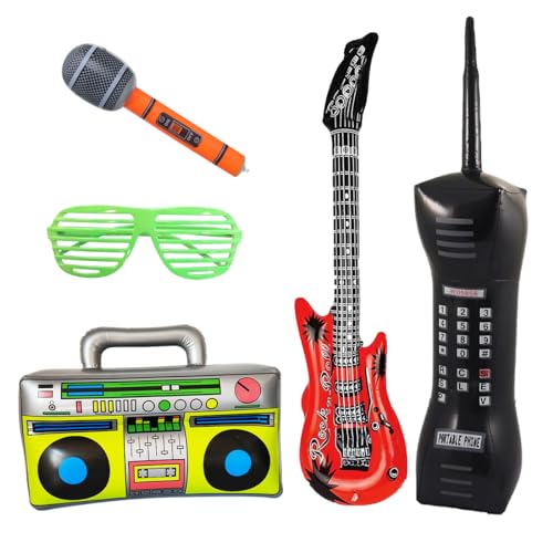 Aufblasbare Instrumente, 5 Stück Aufblasbare Rock Star Toy Set, Aufblasbare Radio 80er, Aufblasbare Mikrofon Telefon Luftgitarren Luftballons, Jalousien Sonnenbrille für Rock Pool Party Deko von Meleager