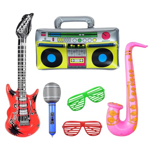 Aufblasbare Instrumente, 6 Stück Aufblasbare Rock Star Toy Set, Luftgitarren zum Aufblasen, Aufblasbare Radio 80er, Aufblasbare Saxophon Mikrofon, Jalousien Sonnenbrille für Party Deko von Meleager