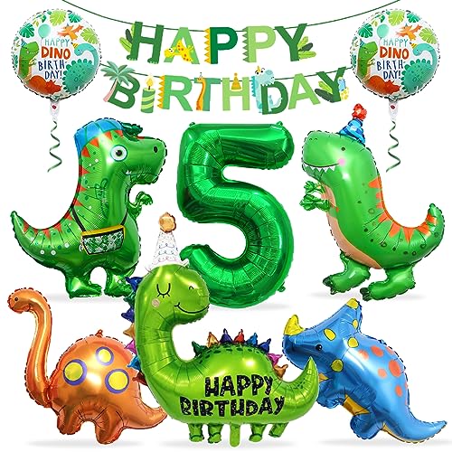 Dino Geburtstag Deko 5 Jahre, Folienballon Dinosaurier mit Happy Birthday Girlande, Dino Luftballons Geburtstag 5, Dinosaurier Ballon 5, Dinosaurier Luftballon Helium, für Kindergeburtstag Party von Meleager