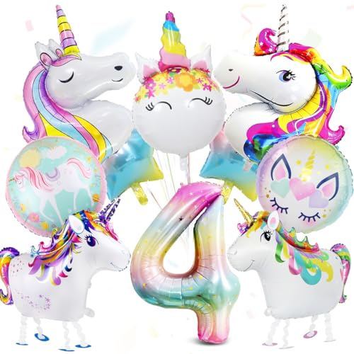 12 Stück Einhorn 4 Geburtstag Deko, Einhorn Luftballons, Zahl 4 Folienballon, 4 Jahr Einhorn Folienballon Deko, Geburtstagsdeko 4. Mädchen, Einhorn Themen Ballons für 4 Jahre Mädchen Geburtstag Party von Meleager