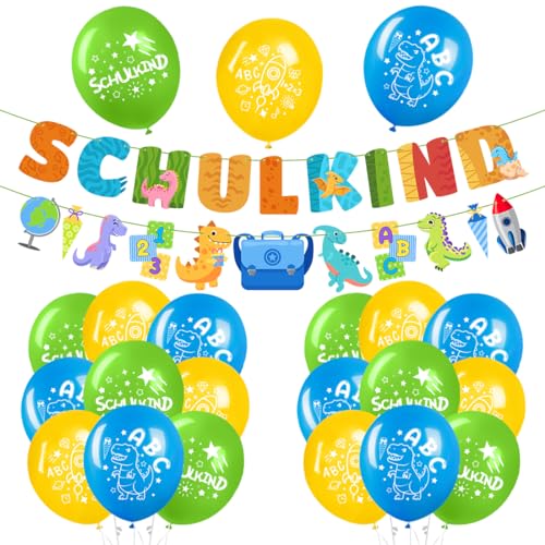 Einschulung Deko Junge, Schuleinführung Schulanfang Deko Set，Schulkind Luftballon Dinosaurier，Dinosaurier Schulkind Banner und Luftballon，Schulkind Einschulung deko für Junge von Meleager