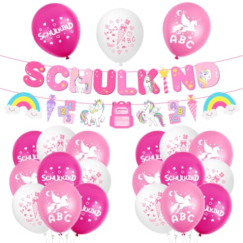 Einschulung Deko Mädchen, Schuleinführung Schulanfang Deko Set，Schulkind Luftballon Rosa Einhorn，Rosa Schulkind Banner und Latex Luftballon，Schulkind Einschulung deko für Mädchen von Meleager