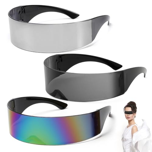 3 Stück Futuristische Schmale Zyklopen Brille, Schnelle Brille Rave Verspiegelt, Verspiegelte Techno Partybrille Set, Space Brille Männer und Frauen für Party Cosplay Requisiten von Meleager