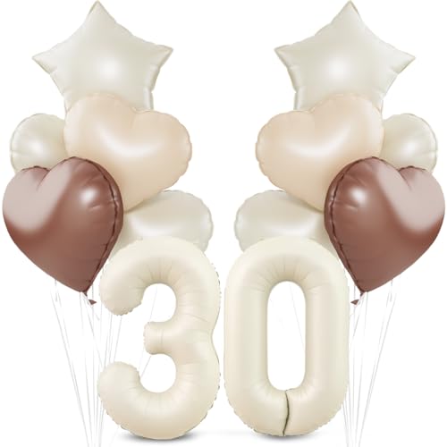 Beige Luftballon 30.Geburtstag,Cremeweiß 30. Geburtstag Ballon Deko,XXL 40 Zoll luftballon 30.，Beige Aprikose Braun Herz Stern Folienballons，für 30 Jahre Geburtstagsdeko Jubiläum Party Dekoration von Meleager