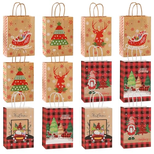 Geschenktüten Weihnachten, Papiertüten Weihnachten mit Henkel, 12 Stück Weihnachtstüten Papier, Geschenktaschen Weihnachten Groß für Geschenke, Süßigkeiten, Gebäck (21 x 15 x 8 cm) von Meleager