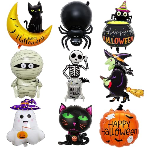 Halloween Folienballon, Halloween Deko Luftballons, 9 Stück Ballons Halloween mit Kürbis, Geist, Hexen, Spinne, Schwarzen Katze, für Halloween Party Zubehör von Meleager