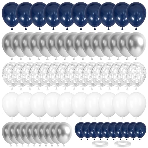 70 Stück Luftballons Blau Silber, Luftballons Navy Blau Silber Weiß, Silber Metallic Ballons, Latex Ballons Dunkelblau Weiß Silber Konfetti für Geburtstag Hochzeit Babyparty Luftballons Girlande Deko von Meleager