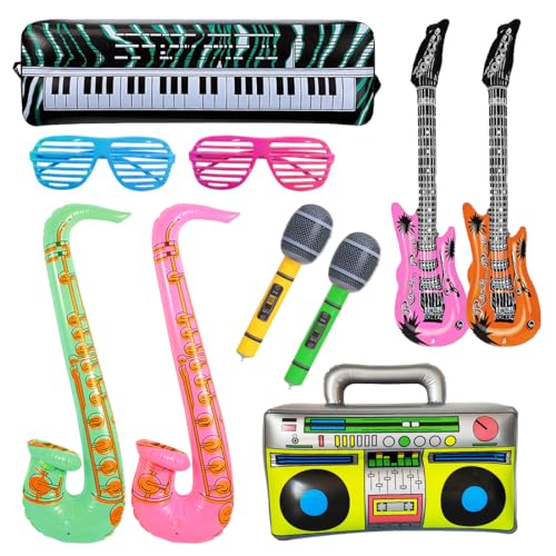 Aufblasbare Instrumente, 10 Stück Aufblasbare Rock Star Toy Set, Aufblasbare Radio 80er, Aufblasbare Saxophon Mikrofon Keyboard Luftgitarren Luftballons, Jalousien Sonnenbrille für Party Deko von Meleager