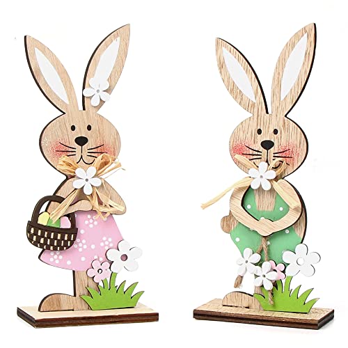 Meleager Deko Aufsteller für Ostern, Dekoration aus Holz Hase, Osterhasen-Paar mit Colourful Blume, Osterhase Oster-Deko aus Holz, Häschen Desktop Innen Außen Rustikale Ostern Frühling Dekoration von Meleager