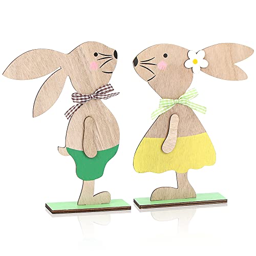 Meleager Osterhasen Deko, 2 Stück Osterdeko aus Holz, Deko Aufsteller für Ostern, Hasen Holz als Tischdekoration für Ostern, Frühling Dekoration, Osterhasen Holzdeko zum Hinstellen (Grün und Gelb) von Meleager