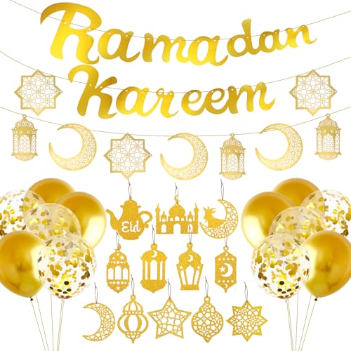 Ramadan Deko, Eid Mubarak Dekoration Set, Ramadan Kareem Banner, Goldene Luftballons, Mond Stern Laterne Girlande, Gold Glitzerndes Anhänger als Eid Festival Party Dekorationen von Meleager