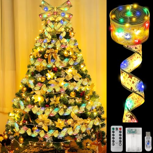 Meleager Weihnachtsband Lichter, 10M 100 LED Schleifenband Weihnachten, Farbe Lichterkette Weihnachtsbaum, für Weihnachtsbaumschmuck, Party, Hochzeit von Meleager