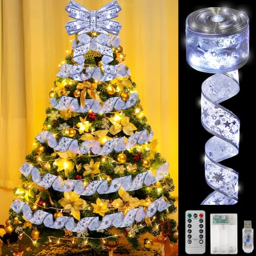 Meleager Weihnachtsband Lichter, 10M 100 LED Schleifenband Weihnachten, Silber Lichterkette Weihnachtsbaum, für Weihnachtsbaumschmuck, Party, Hochzeit von Meleager