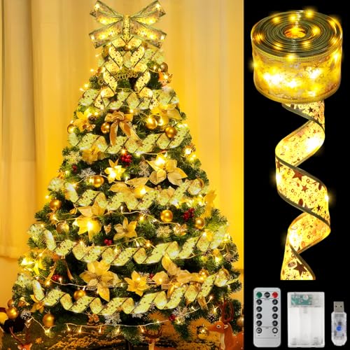 Meleager Weihnachtsband Lichter Gold, 10M 100 LED Schleifenband Weihnachten, Lichterkette Weihnachtsbaum, für Weihnachtsbaumschmuck, Party, Hochzeit von Meleager