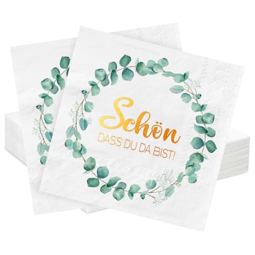 Schön das du da bist Servietten, 40 Stück 3-Lagige Servietten Party, Servietten Salbeigrün als Tischdeko für Kommunion, Geburtstage, Hochzeit, Taufe, Babyparty, Papierservietten Vintage 33x33cm von Meleager