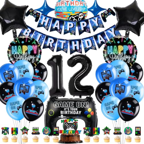 Videospiel Geburtstagsdeko 12 Jahre, Geburtstag 12. Junge Spiel,Gamer Party Geburtstag Deko Set, XXL Gaming Controller Folienballons Set mit Banner Cake Topper，für Junge Geburtstag Spielthemen Party von Meleager