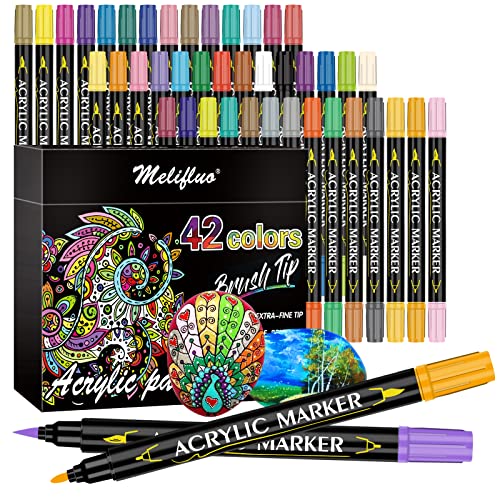 Acrylstifte für Steine Wasserfest,42 Farben Dual Brush Pen Acrylstifte Marker Stifte Set mit mit Feiner Spitze und Pinselspitze für Steine Bemalen, Holz, Stoff, Metall, Glas, Ostern Bastel von Melifluo