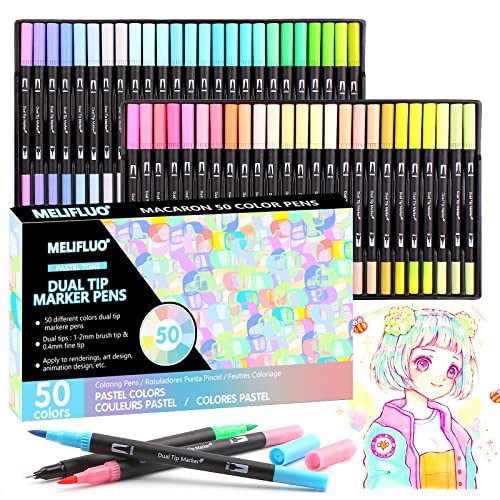 Melifluo 50 Pastell-Marker mit Doppelter Spitze, Feine Spitze und Pinsel Ideal für Kunst, Illustration, Zeichnen, Kalligraphie und Bullet Journals von Melifluo