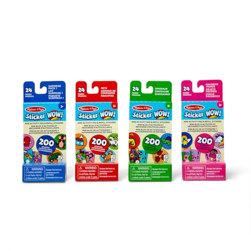 Melissa & Doug Sticker Wow! Mini-Aktivitätsblöcke und 4er-Pack nachfüllbarer Aufkleber (Dinosaurier, Haustiere, Lieblingsgegenstände, Mystery Pack) je 200 Aufkleber von Melissa & Doug