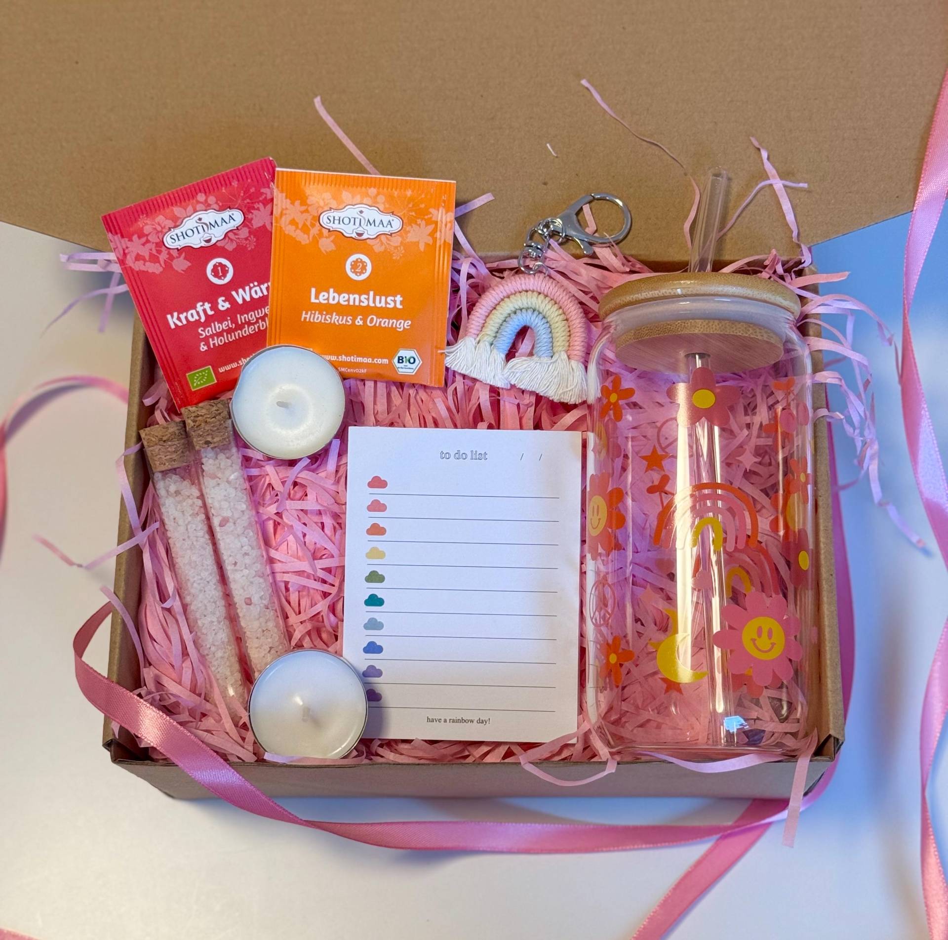 Frauengeschenk Geschenkbox Für Freundin Mädchen Spa Beautybox Wellness Trinkglas Geschenkset Badeset Regenbogen Badezusätze Pflegeset Bunt von MellowsBoxDE