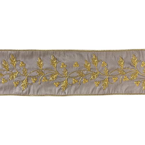 Melrose Weihnachtsband mit Blättern, bestickt, Geschenkband breit, 10,2 cm x 4,5 m, Braun und Gold von Melrose