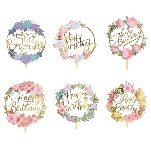 MenYiYDS 6 Pcs Happy Birthday Kuchen Topper Set mit Blumen,Acryl Kuchen Topper Acryl Happy Birthday Kuchen Topper alle Arten von Geburtstag Party Hochzeit Kuchen Topper,geeignet für Mädchen,Hochzeit von MenYiYDS