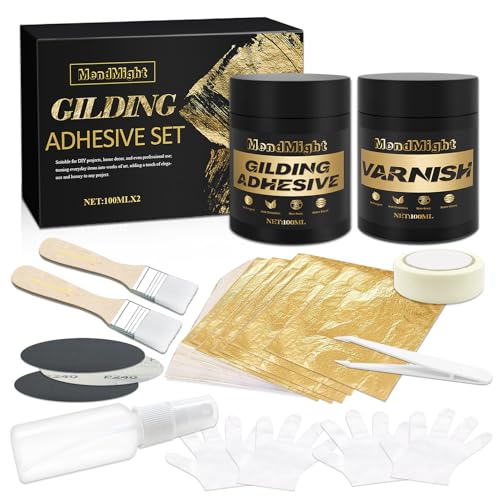 Blattgold Vergoldungs Kleber Set, 100 ml wasserbasierter Blattgold Kleber und 100 ml Schutzlack auf Wasserbasis, Blattgold 100 Stückfür Blattgoldkunst, DIY zum Basteln und Malerei von MendMight