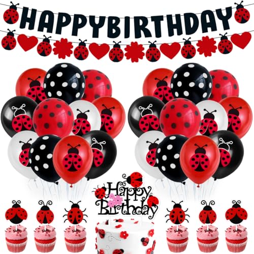 Marienkäfer Geburtstag Deko, 43 Stücke Marienkäfer Geburtstags Party Dekoration Enthalten Marienkäfer Happy Birthday Banner, Tortendeko, Schwarz Rot Polka Punkte Latex Ballons für Thema Party von Menelos