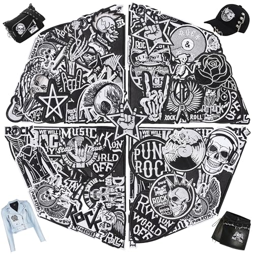 Punk-Patches zum Aufbügeln für Kleidung: Meneng 45 Stück schwarze coole Rockband-Aufnäher zum Selbermachen – Vintage-Totenkopf-Metall-Musik-Aufnäher für Jacken, Westen, Hüte, Rucksäcke, Hemden von Meneng