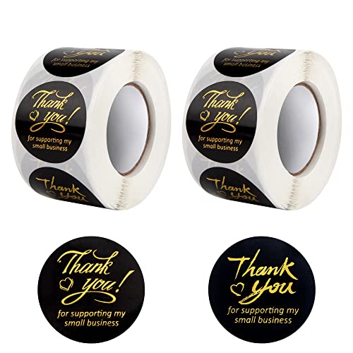 1000 Stück Danke Aufkleber 3,8 cm Etiketten mit Goldener Schrift "Thank You for Supporting My Small Business" Selbstklebend Dankeschön Aufkleber für Dankeskarten, Geschenktüten 2 Rollen (Schwarz) von MengH-SHOP