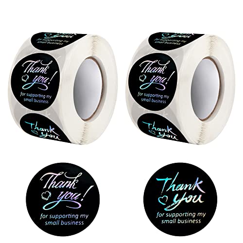 1000 Stück Danke Aufkleber 3,8 cm Etiketten mit Silberner Schrift "Thank You for Supporting My Small Business" Selbstklebend Dankeschön Aufkleber für Dankeskarten, Geschenktüten 2 Rollen (Schwarz) von MengH-SHOP