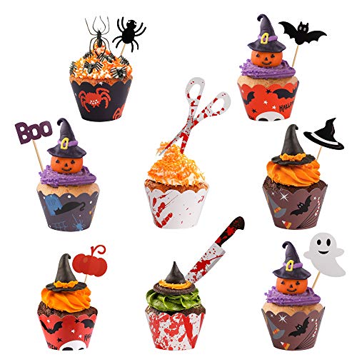 MengH-SHOP Cupcake Toppers Halloween Cupcake Wrappers Kuchendeckel Spider Pumpkin Ghost Hand Cake Decorations für Halloween Party 24 Set von MengH-SHOP