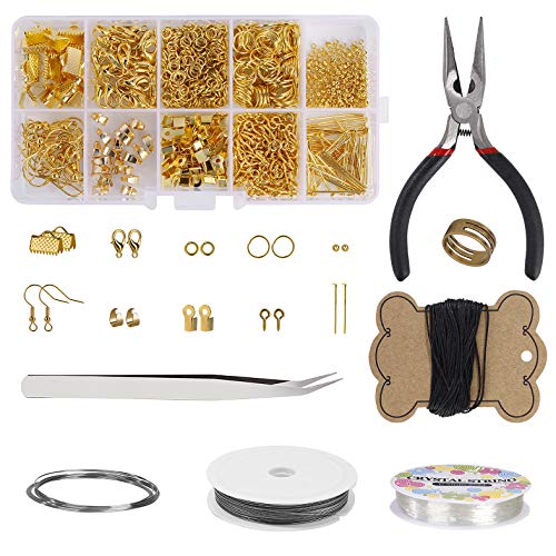 MengH-SHOP Schmuckherstellung Set Schmuck Basteln Set Schmuckwerkzeuge Reparatur Kit DIY Schmuck Basteln mit Zangen Set für Anfänger DIY Ohrringe, Halsketten, Armbänder (Gold) von MengH-SHOP