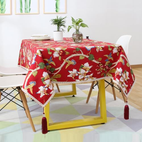 Menkala Chinesische Tischdecke Abwaschbar Blumen Blätter Vögel Landhausstil Rot Tischtuch Spitze Vintage Tischdecken Outdoor mit Fransen Esszimmer Couchtisch Geburtstag Party Küche Deko 130x180cm von Menkala