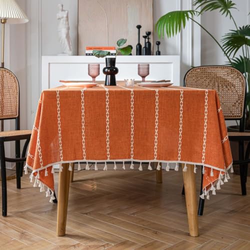 Menkala Tischdecke Abwaschbar Orange Gestreift Gehäkelte Tischwäsche mit Quasten Leinenoptik Modern Streifen Rechteckige Tischtuch 140x160cm Landhausstil Tischdeko für Home Küche Speisetisch von Menkala