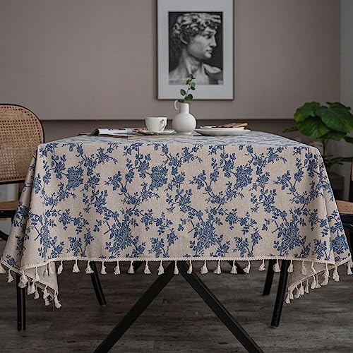 Menkala Tischdecke Abwaschbar Outdoor Gartentischdecke Eckig Rechteckige Tischtuch Vintage Blau Beige Blumen Polyester Tischdeck mit Fransen für Couchtisch Party Garten Tisch Table Deko 100x140 cm von Menkala